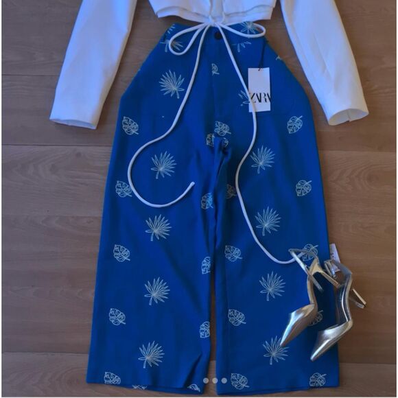 NWT Zara Women's Linen Blend Embroidered Wide Leg Pants Culottes with Pockets - Picture 10 of 13